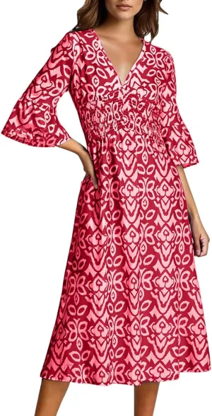 Women's Floral Midi Dress V Neck 3/4 Sleeve Casual A-Line Summer Dresses Boho Beach Flowy Sundress