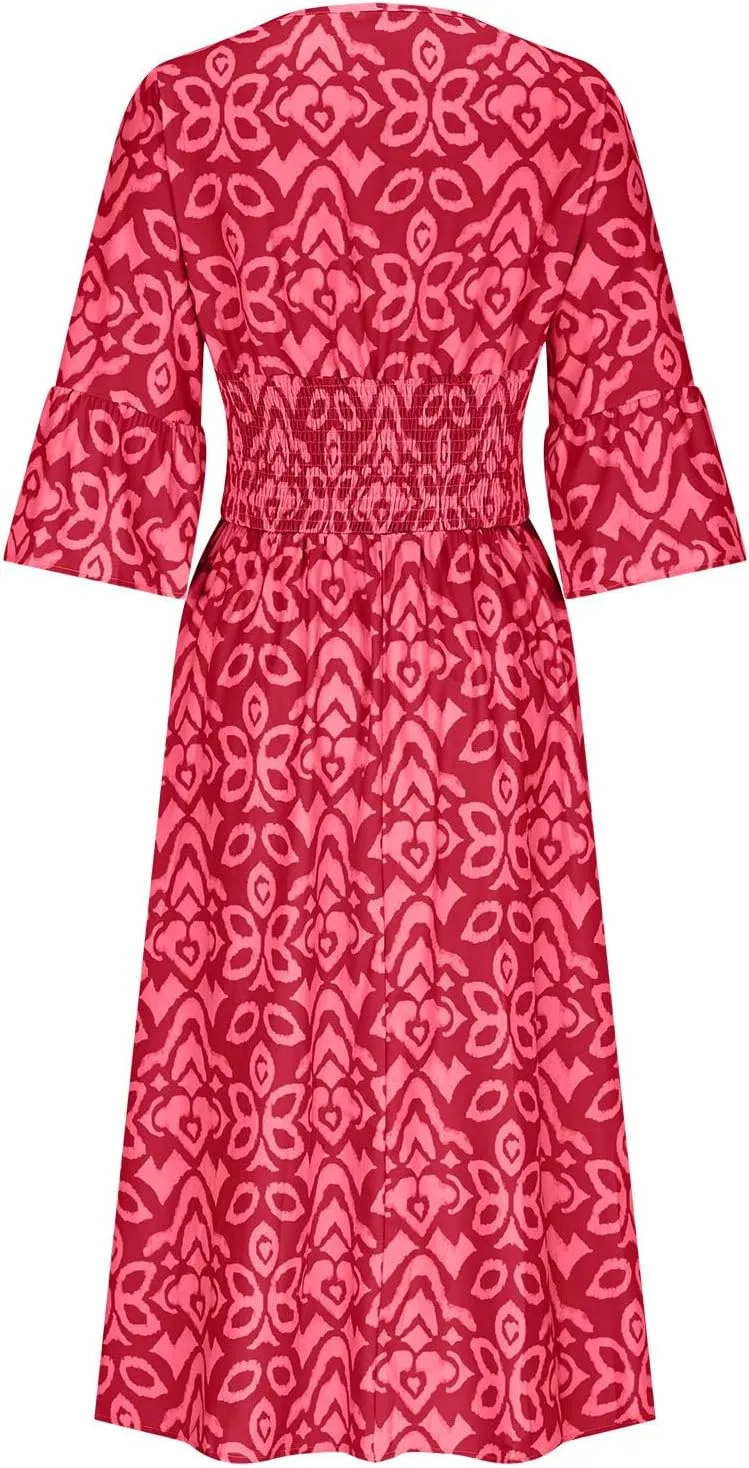 Women's Floral Midi Dress V Neck 3/4 Sleeve Casual A-Line Summer Dresses Boho Beach Flowy Sundress