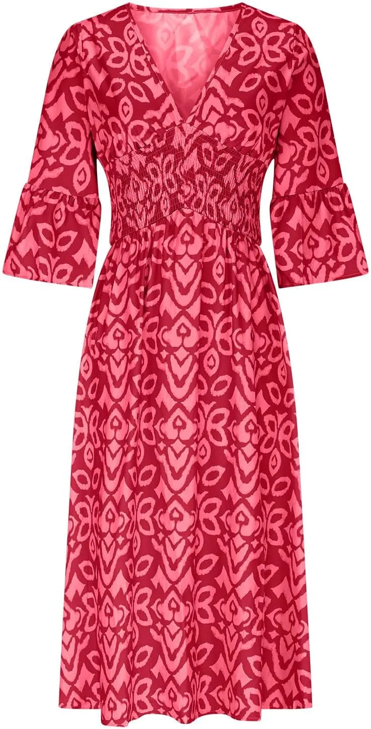 Women's Floral Midi Dress V Neck 3/4 Sleeve Casual A-Line Summer Dresses Boho Beach Flowy Sundress