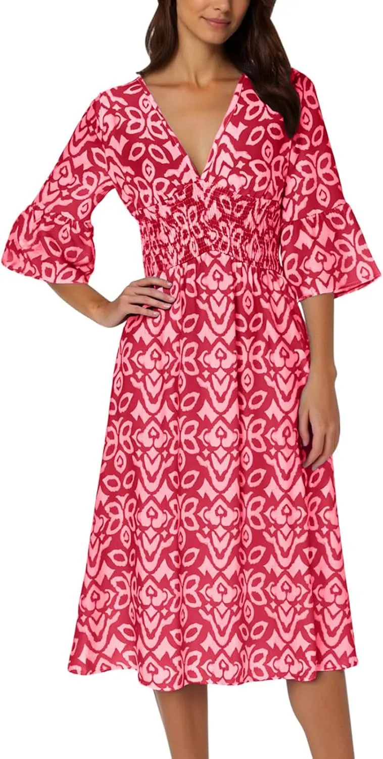 Women's Floral Midi Dress V Neck 3/4 Sleeve Casual A-Line Summer Dresses Boho Beach Flowy Sundress
