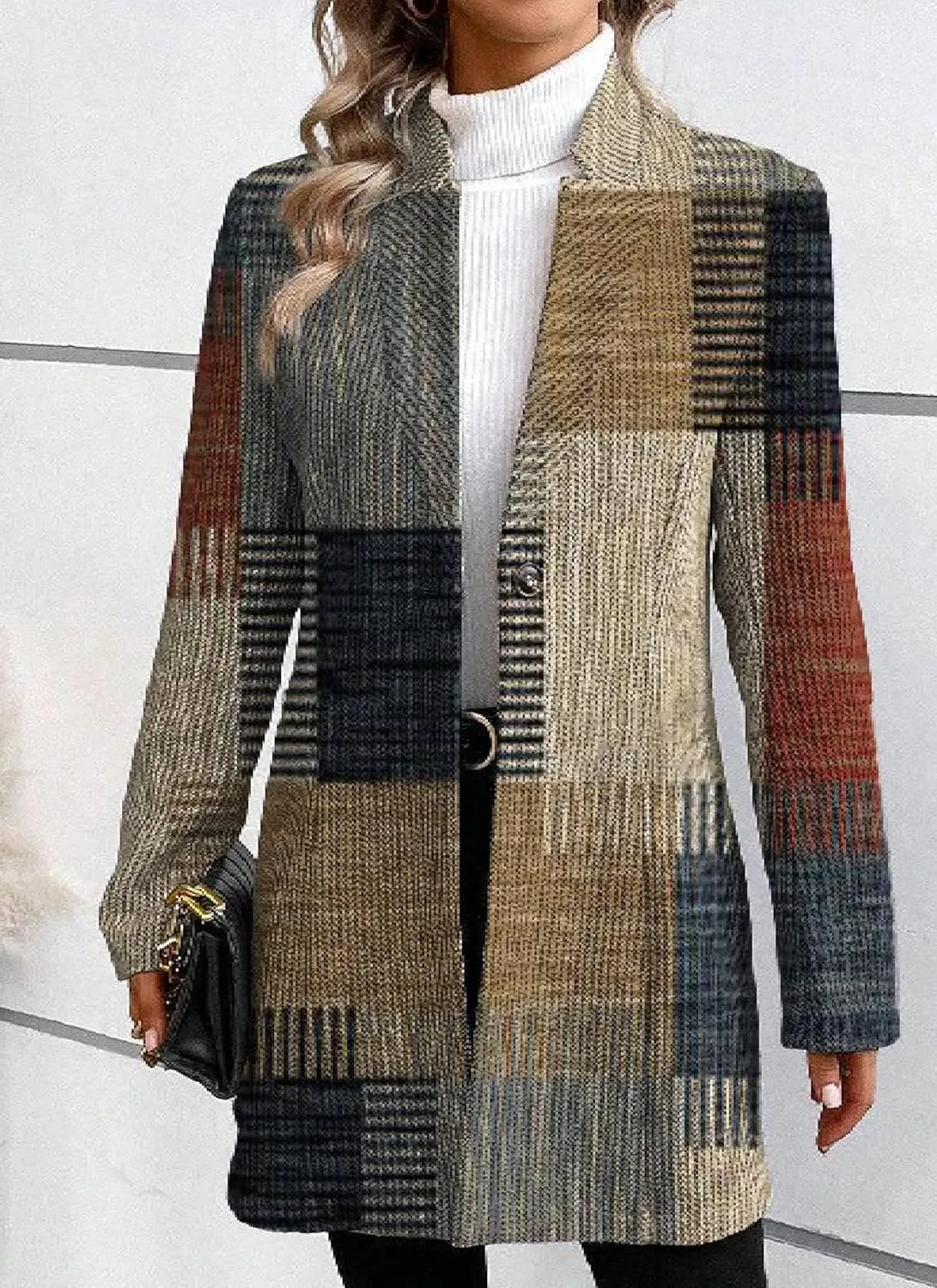 Women's Gray Long Sleeve Striped Blazer Coat with Notched Lapel Single Button Closure Front Elegant Fall Winter Outerwear