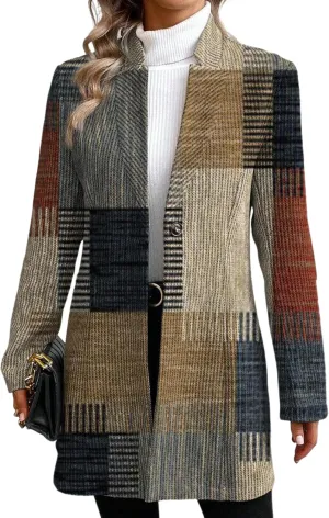 Women's Gray Long Sleeve Striped Blazer Coat with Notched Lapel Single Button Closure Front Elegant Fall Winter Outerwear