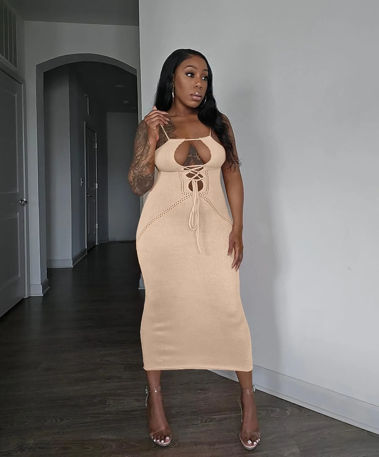 Women's Halter Bodycon Maxi Dress V Neck Sleeveless Tie Backless Hollow Out Knit Long Dress Party Club Night Out Dress