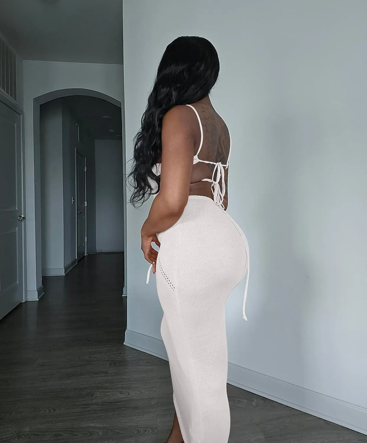 Women's Halter Bodycon Maxi Dress V Neck Sleeveless Tie Backless Hollow Out Knit Long Dress Party Club Night Out Dress