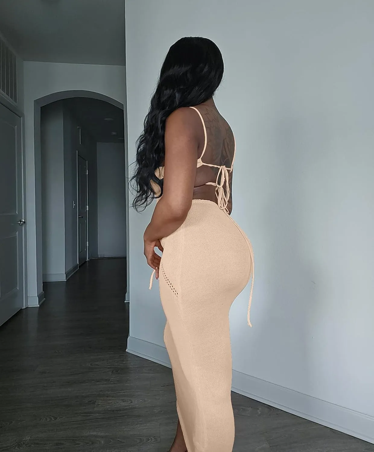 Women's Halter Bodycon Maxi Dress V Neck Sleeveless Tie Backless Hollow Out Knit Long Dress Party Club Night Out Dress