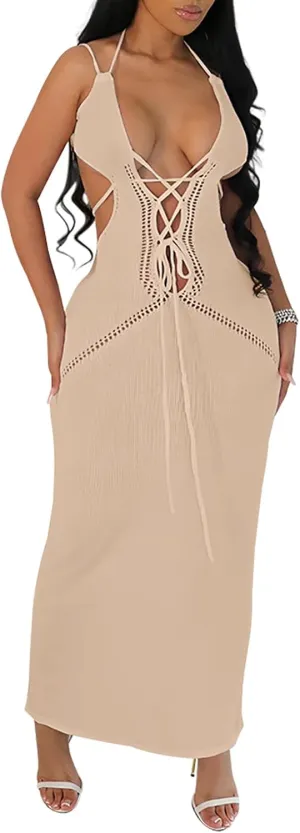 Women's Halter Bodycon Maxi Dress V Neck Sleeveless Tie Backless Hollow Out Knit Long Dress Party Club Night Out Dress