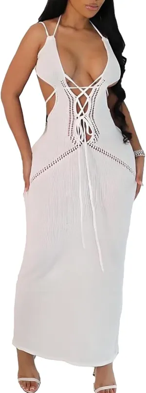 Women's Halter Bodycon Maxi Dress V Neck Sleeveless Tie Backless Hollow Out Knit Long Dress Party Club Night Out Dress
