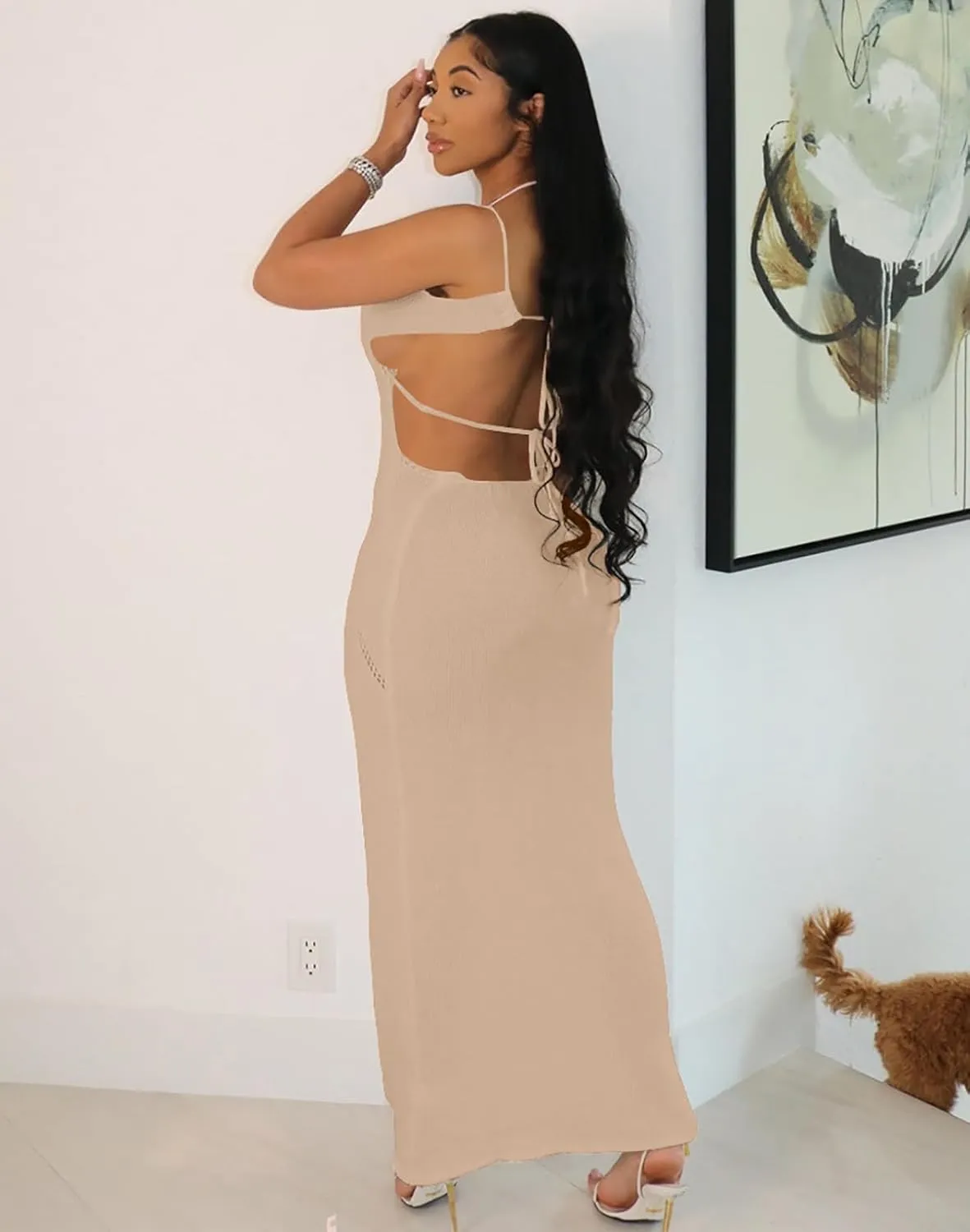 Women's Halter Bodycon Maxi Dress V Neck Sleeveless Tie Backless Hollow Out Knit Long Dress Party Club Night Out Dress