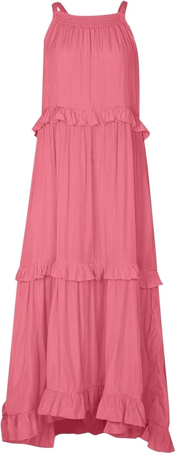 Womens Halter Dress Summer Tiered Flowy Maxi Dress Sleeveless Boho Ruffle Casual Beach Long Dress Wedding Guest Gress