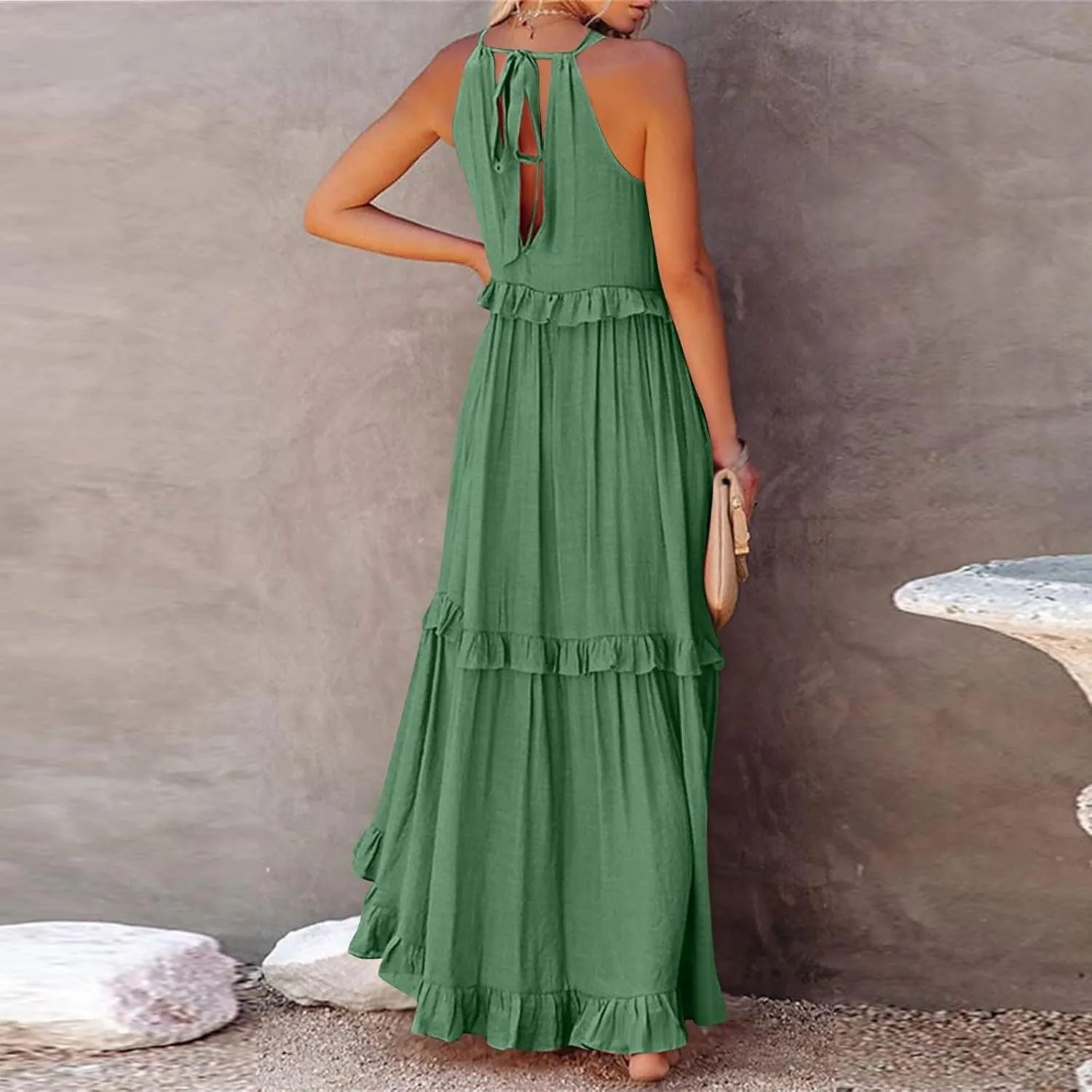 Womens Halter Dress Summer Tiered Flowy Maxi Dress Sleeveless Boho Ruffle Casual Beach Long Dress Wedding Guest Gress