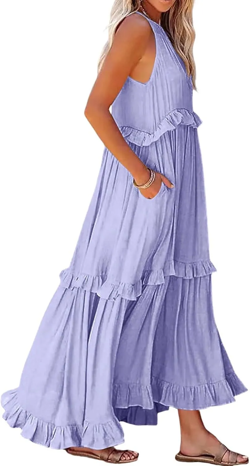 Womens Halter Dress Summer Tiered Flowy Maxi Dress Sleeveless Boho Ruffle Casual Beach Long Dress Wedding Guest Gress