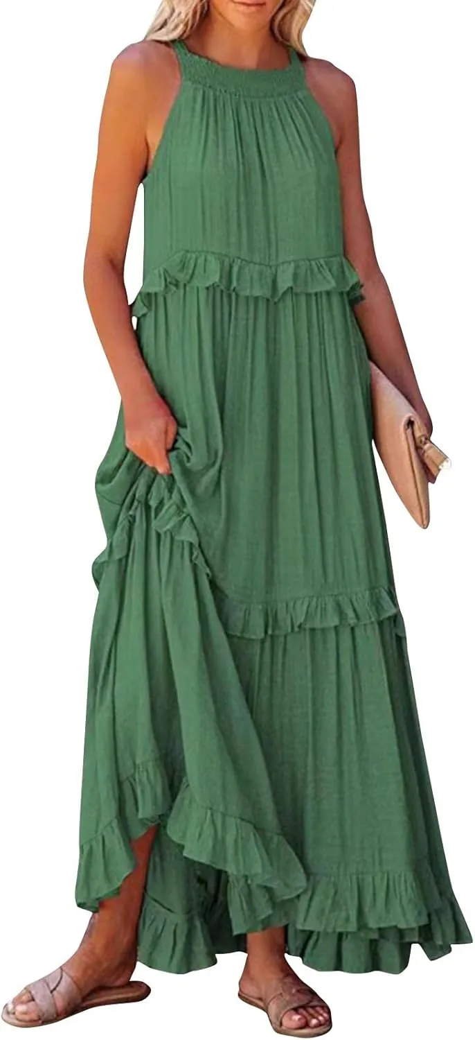 Womens Halter Dress Summer Tiered Flowy Maxi Dress Sleeveless Boho Ruffle Casual Beach Long Dress Wedding Guest Gress