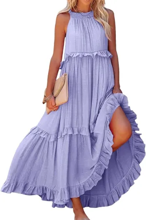Womens Halter Dress Summer Tiered Flowy Maxi Dress Sleeveless Boho Ruffle Casual Beach Long Dress Wedding Guest Gress