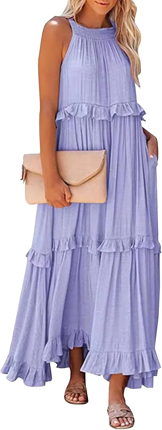 Womens Halter Dress Summer Tiered Flowy Maxi Dress Sleeveless Boho Ruffle Casual Beach Long Dress Wedding Guest Gress