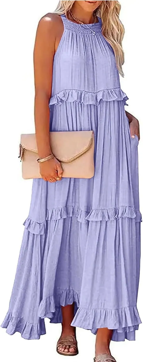 Womens Halter Dress Summer Tiered Flowy Maxi Dress Sleeveless Boho Ruffle Casual Beach Long Dress Wedding Guest Gress