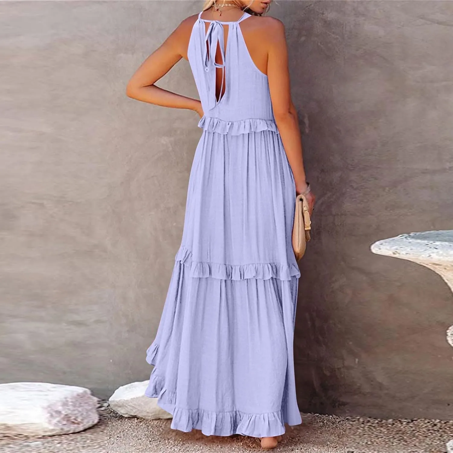 Womens Halter Dress Summer Tiered Flowy Maxi Dress Sleeveless Boho Ruffle Casual Beach Long Dress Wedding Guest Gress