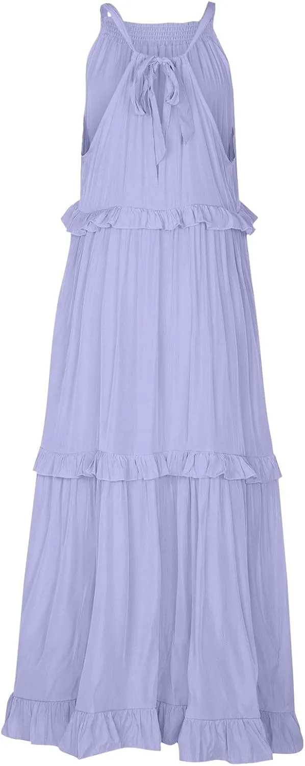 Womens Halter Dress Summer Tiered Flowy Maxi Dress Sleeveless Boho Ruffle Casual Beach Long Dress Wedding Guest Gress