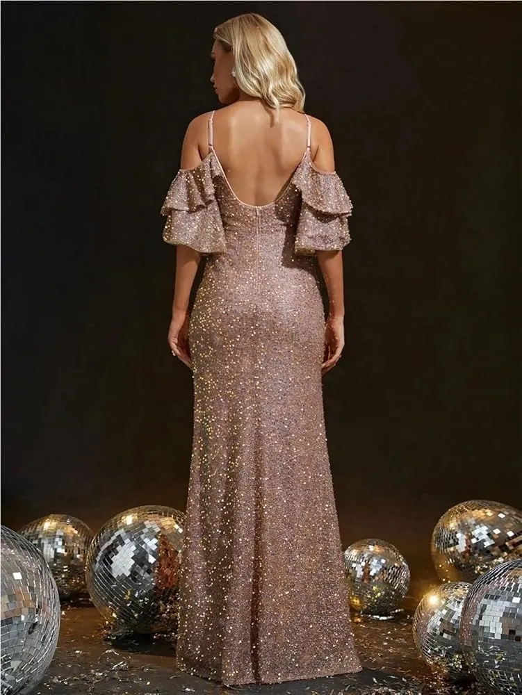 Women's Halter Ruffled Lace Sequin Elegant Evening Dress Half Sleeve High Slit Thigh Party Dresses