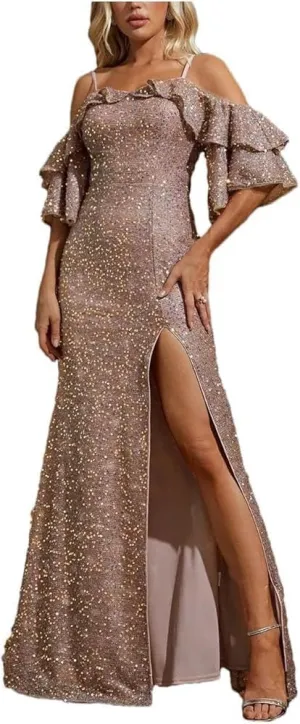 Women's Halter Ruffled Lace Sequin Elegant Evening Dress Half Sleeve High Slit Thigh Party Dresses