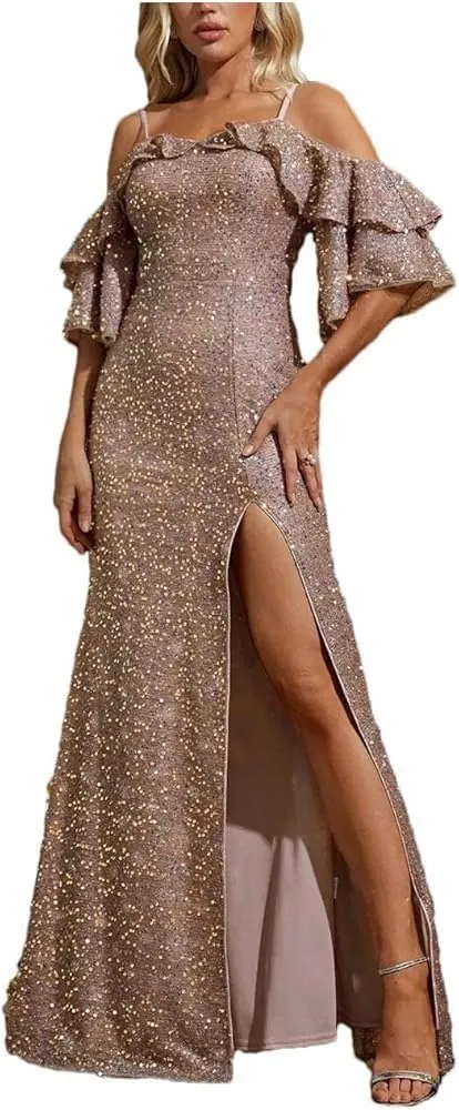 Women's Halter Ruffled Lace Sequin Elegant Evening Dress Half Sleeve High Slit Thigh Party Dresses