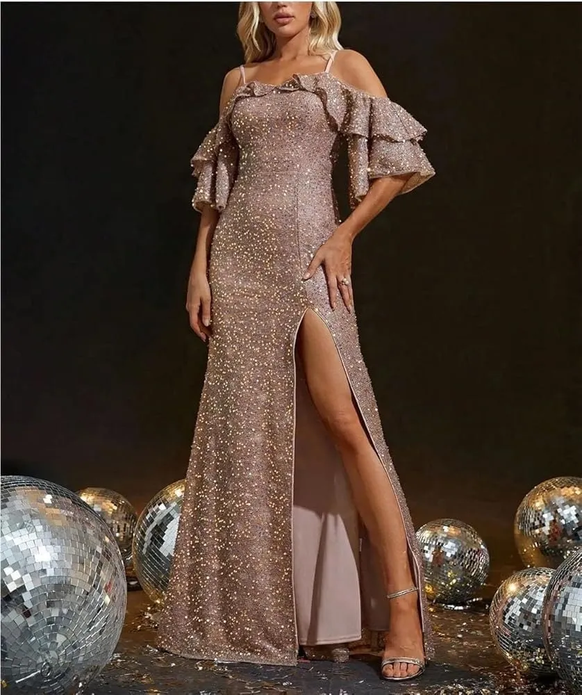 Women's Halter Ruffled Lace Sequin Elegant Evening Dress Half Sleeve High Slit Thigh Party Dresses