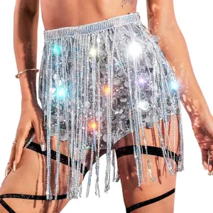 Women's Light Up Sequin Short Silver Sparkly Fringe Shorts Dance New Year Eve Festival Party Costume Rave Outfit