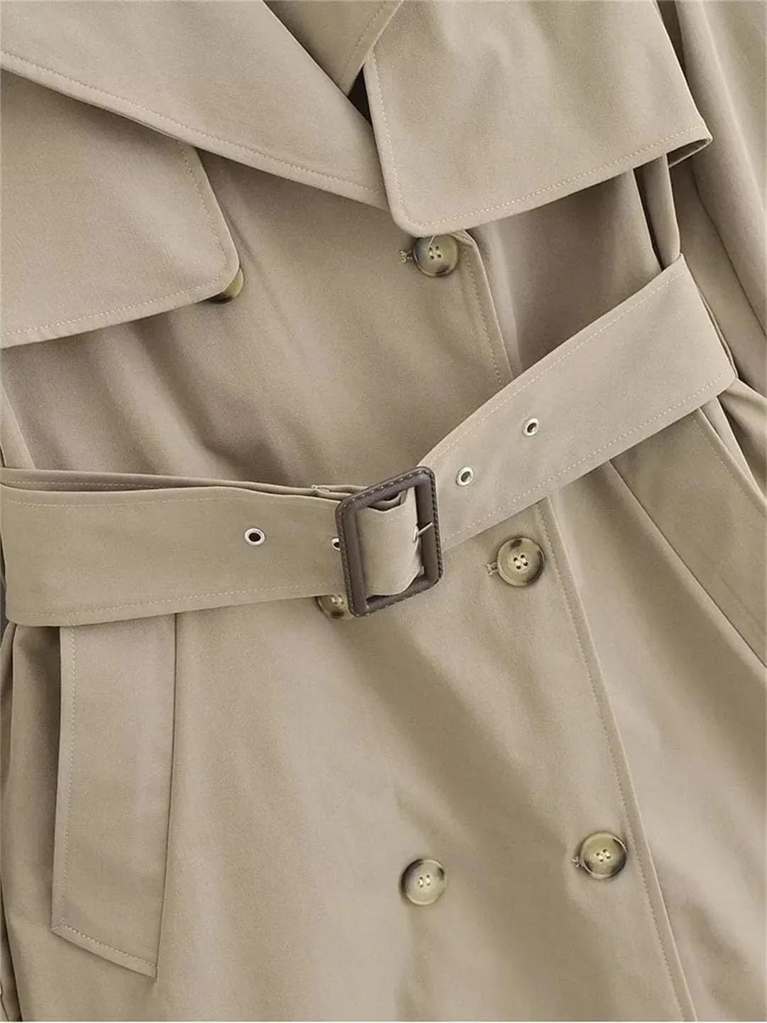 Women's Long Double-Breasted Belted Trench Coat Long-Sleeved Lapel Adjustable Waist Windbreaker