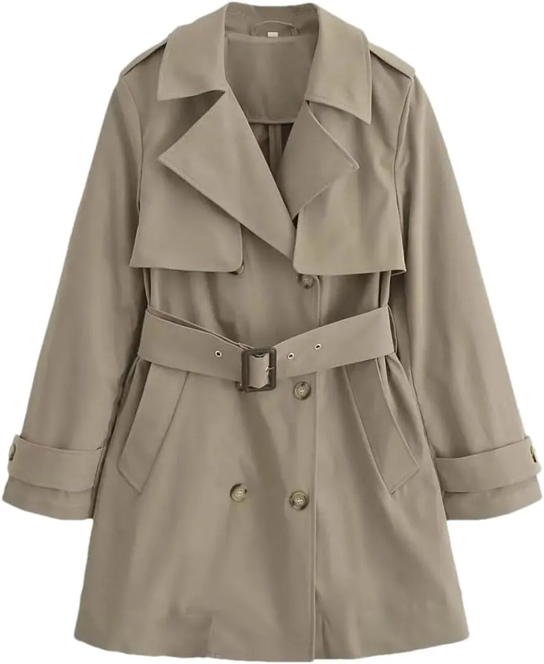 Women's Long Double-Breasted Belted Trench Coat Long-Sleeved Lapel Adjustable Waist Windbreaker