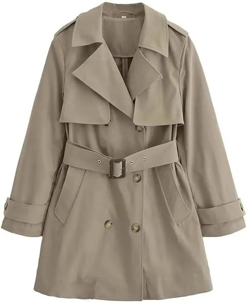 Women's Long Double-Breasted Belted Trench Coat Long-Sleeved Lapel Adjustable Waist Windbreaker
