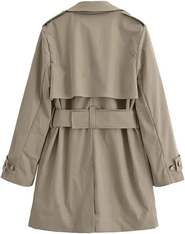 Women's Long Double-Breasted Belted Trench Coat Long-Sleeved Lapel Adjustable Waist Windbreaker