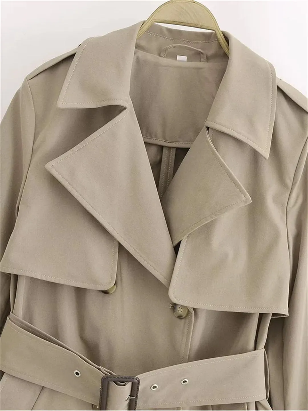 Women's Long Double-Breasted Belted Trench Coat Long-Sleeved Lapel Adjustable Waist Windbreaker
