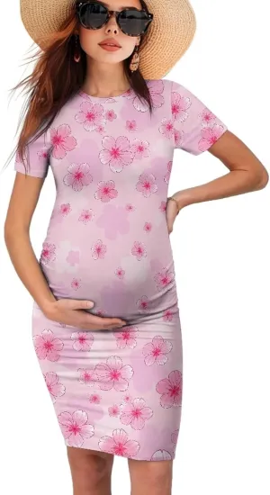 Women's Maternity Pregnancy Dress Casual Ruched Maternity Dress Stretch Slim Fit Lounge Pregnancy Dress