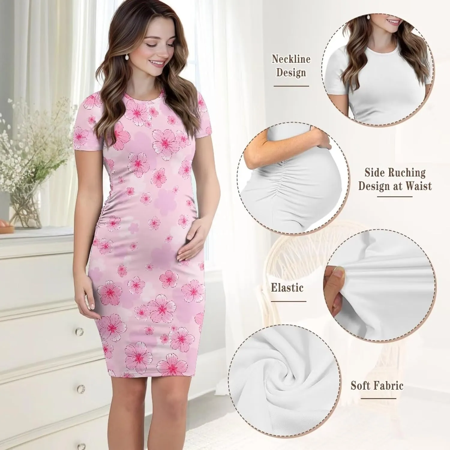 Women's Maternity Pregnancy Dress Casual Ruched Maternity Dress Stretch Slim Fit Lounge Pregnancy Dress