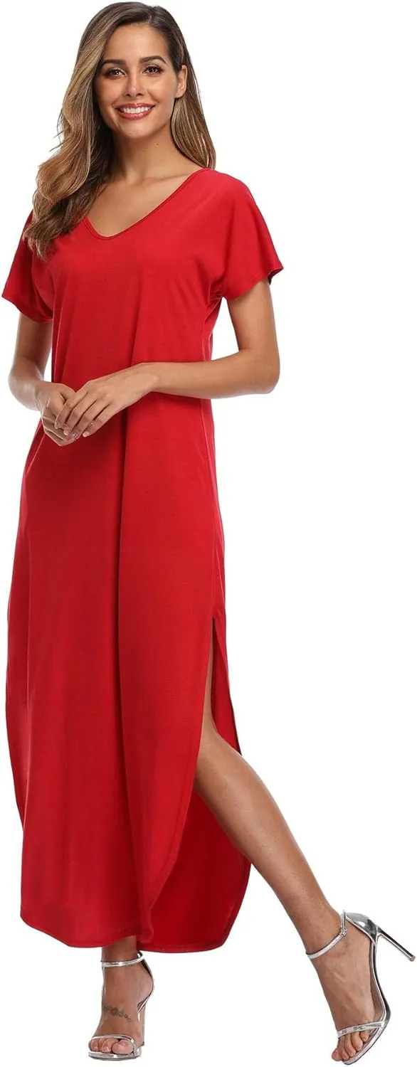 Women's Maxi Dress Floral Printed Long Casual Beach Party Dress with Pocket