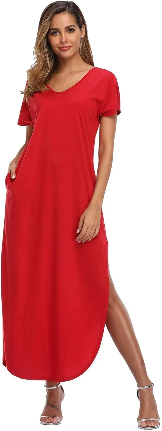 Women's Maxi Dress Floral Printed Long Casual Beach Party Dress with Pocket