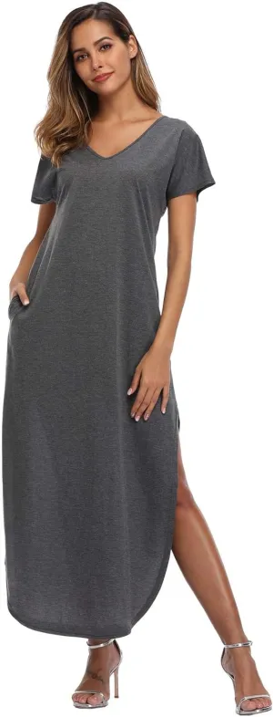 Women's Maxi Dress Floral Printed Long Casual Beach Party Dress with Pocket