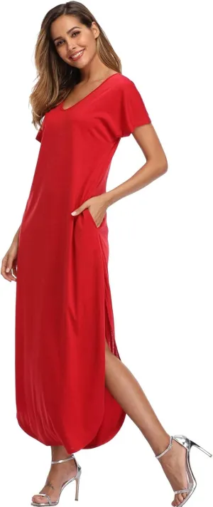 Women's Maxi Dress Floral Printed Long Casual Beach Party Dress with Pocket