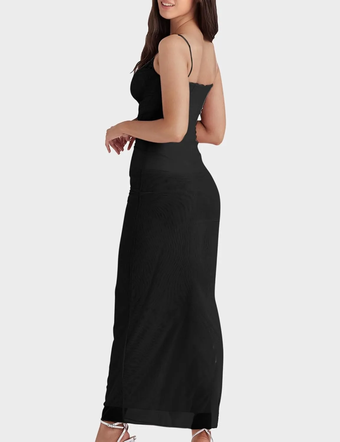 Women's Mesh Double Layer Dresses Lace Trim Maxi Elegant Party Bodycon Dress Slim Fit Back Slit Long Cocktail Party Dresses
