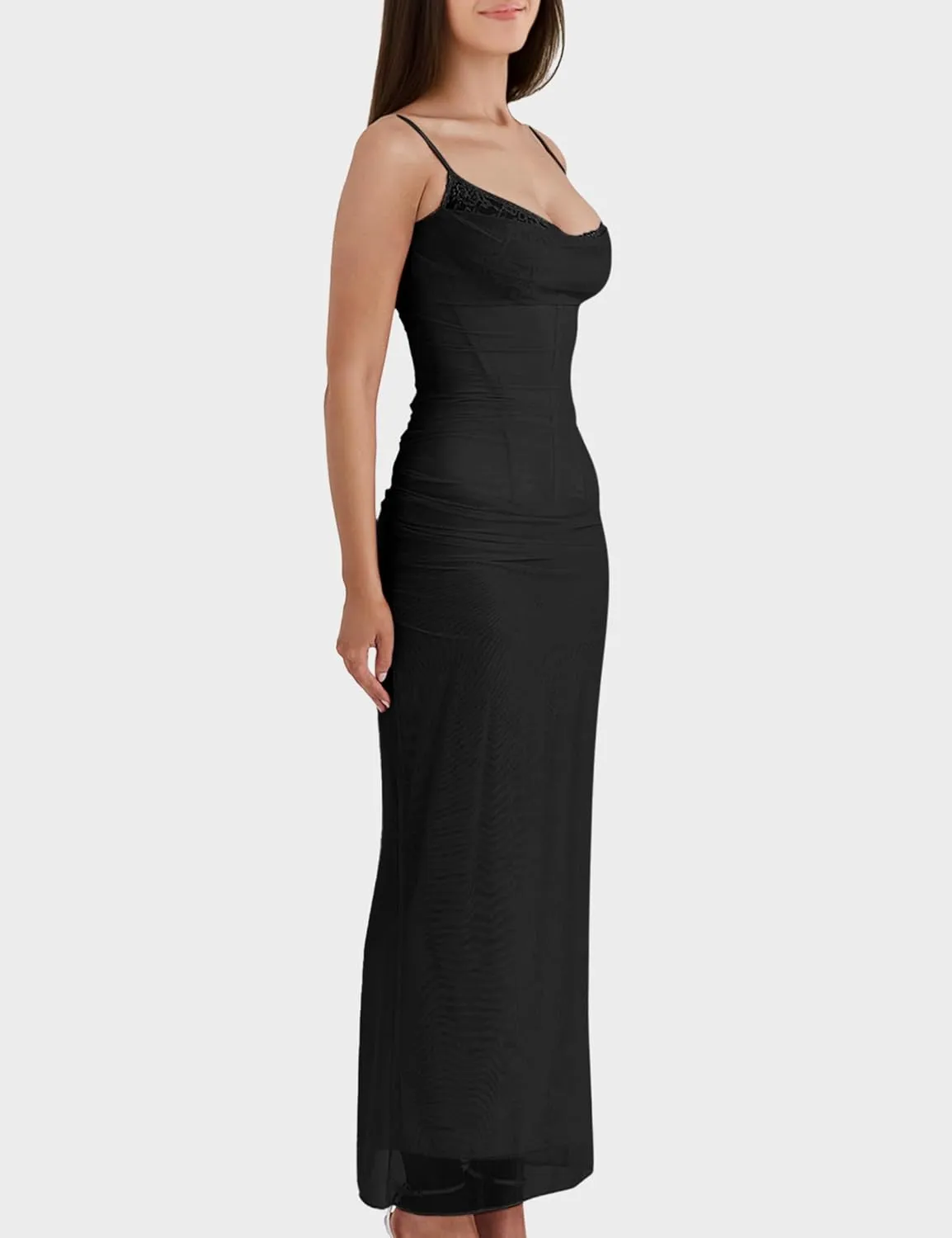 Women's Mesh Double Layer Dresses Lace Trim Maxi Elegant Party Bodycon Dress Slim Fit Back Slit Long Cocktail Party Dresses
