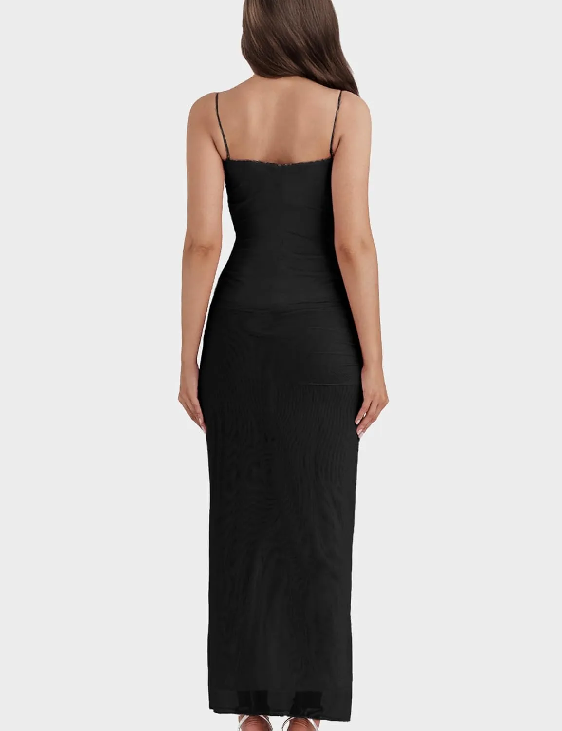 Women's Mesh Double Layer Dresses Lace Trim Maxi Elegant Party Bodycon Dress Slim Fit Back Slit Long Cocktail Party Dresses