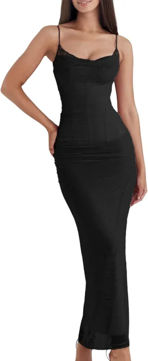 Women's Mesh Double Layer Dresses Lace Trim Maxi Elegant Party Bodycon Dress Slim Fit Back Slit Long Cocktail Party Dresses