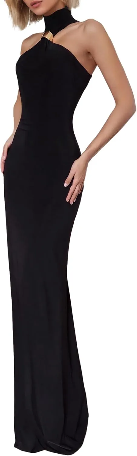 Womens Party Maxi Dress Metal Knots Off Shoulder Turtleneck Sleeveless Night Club Evening Bodycon Dress