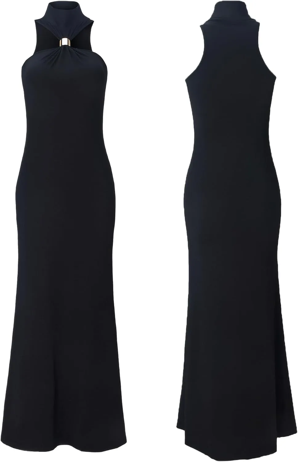 Womens Party Maxi Dress Metal Knots Off Shoulder Turtleneck Sleeveless Night Club Evening Bodycon Dress