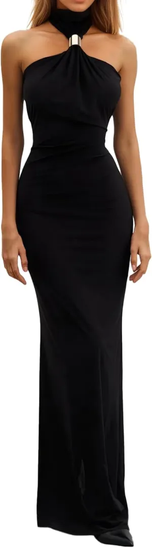 Womens Party Maxi Dress Metal Knots Off Shoulder Turtleneck Sleeveless Night Club Evening Bodycon Dress