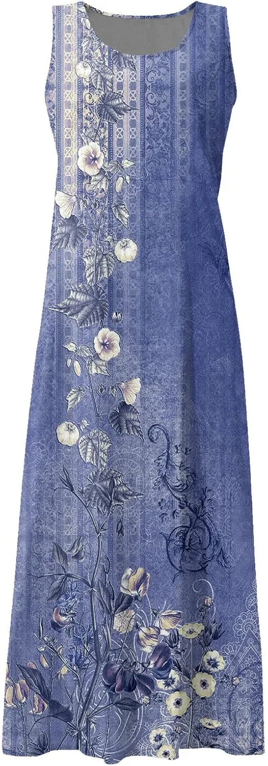 Women's Plus Size Summer Dresses 2025 Trendy Sleeveless Dresses Casual Baggy Flowy Maxi Sun Dresses Pocket