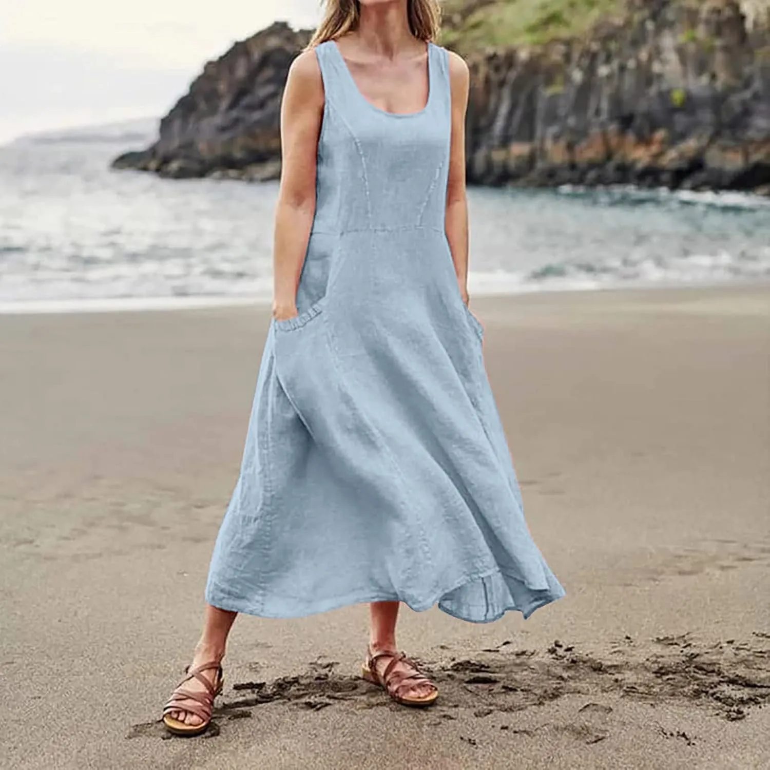 Women's Plus Size Summer Dresses 2025 Trendy Sleeveless Dresses Casual Baggy Flowy Maxi Sun Dresses Pocket