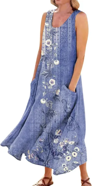 Women's Plus Size Summer Dresses 2025 Trendy Sleeveless Dresses Casual Baggy Flowy Maxi Sun Dresses Pocket