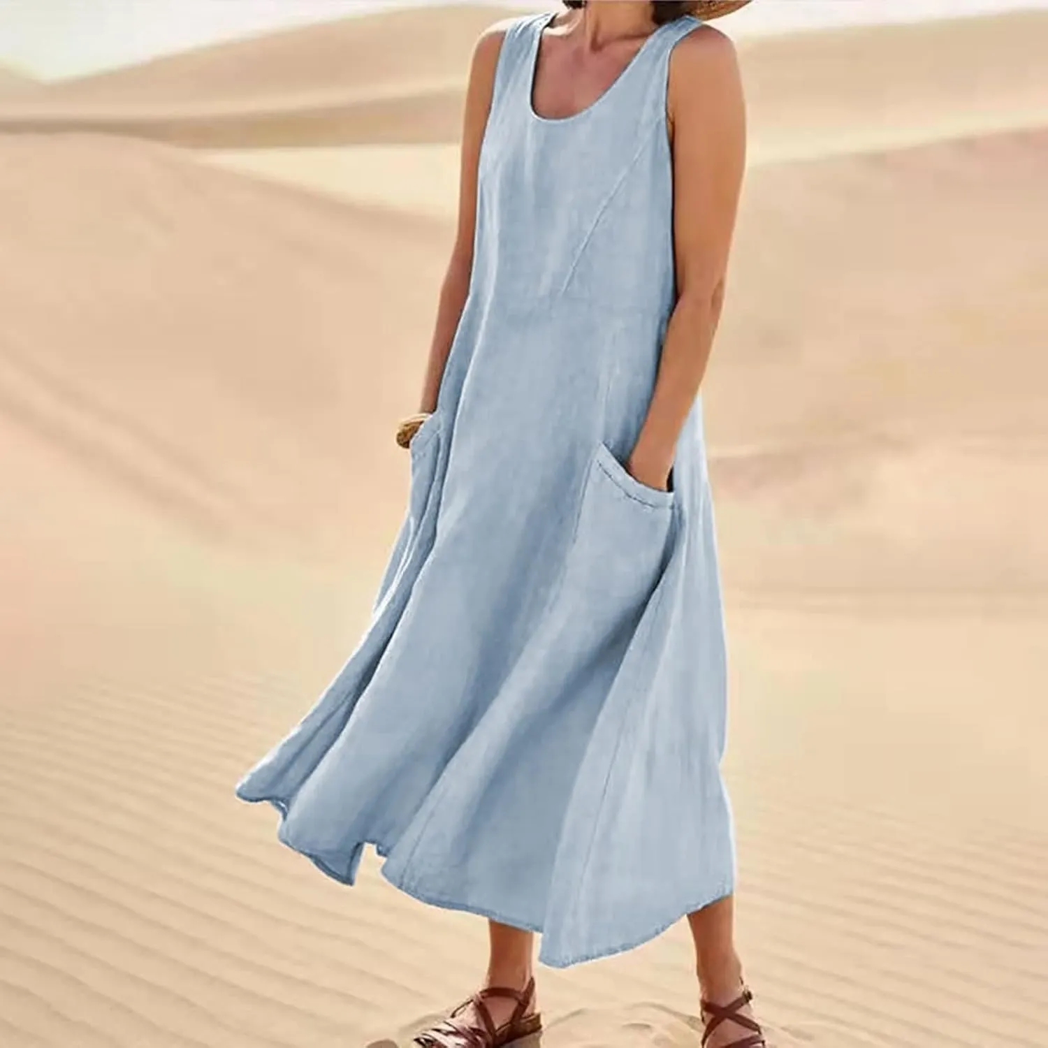 Women's Plus Size Summer Dresses 2025 Trendy Sleeveless Dresses Casual Baggy Flowy Maxi Sun Dresses Pocket