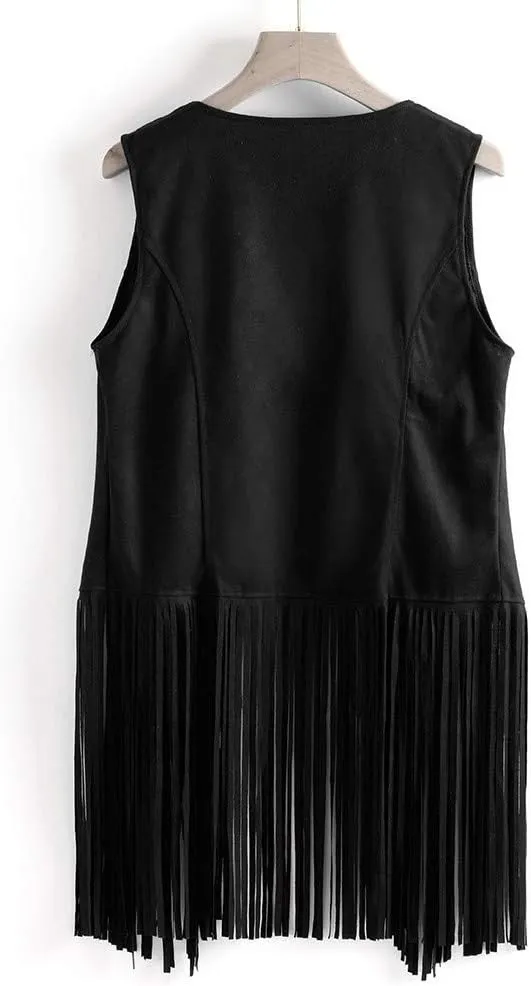 Womens Retro Western Fringe Vest Tops Classic Suede Leather 70s Cowboy Shirt Sleeveless Tassels Cardigan Jackets