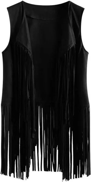 Womens Retro Western Fringe Vest Tops Classic Suede Leather 70s Cowboy Shirt Sleeveless Tassels Cardigan Jackets